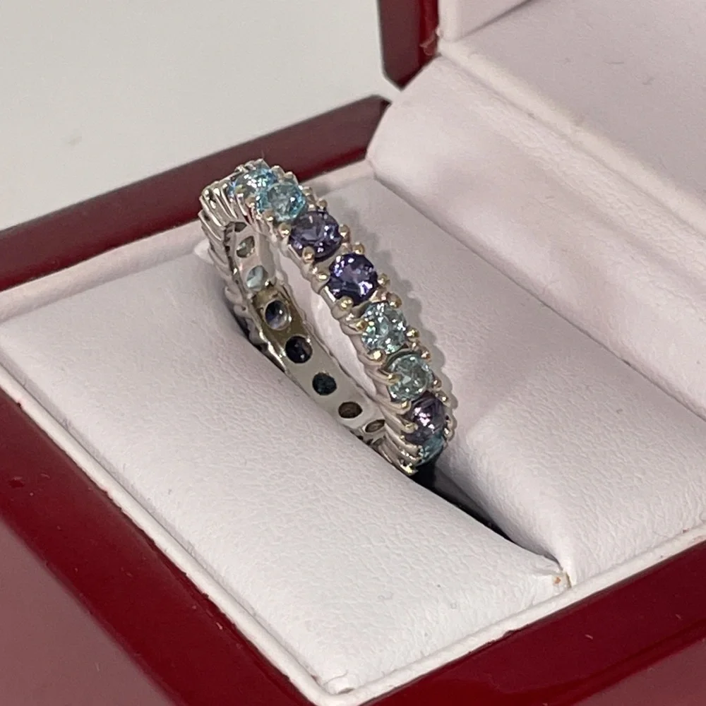 Solid 18K White Gold Eternity Band Ring (not 14K) Purple Blue Natural Gemstones